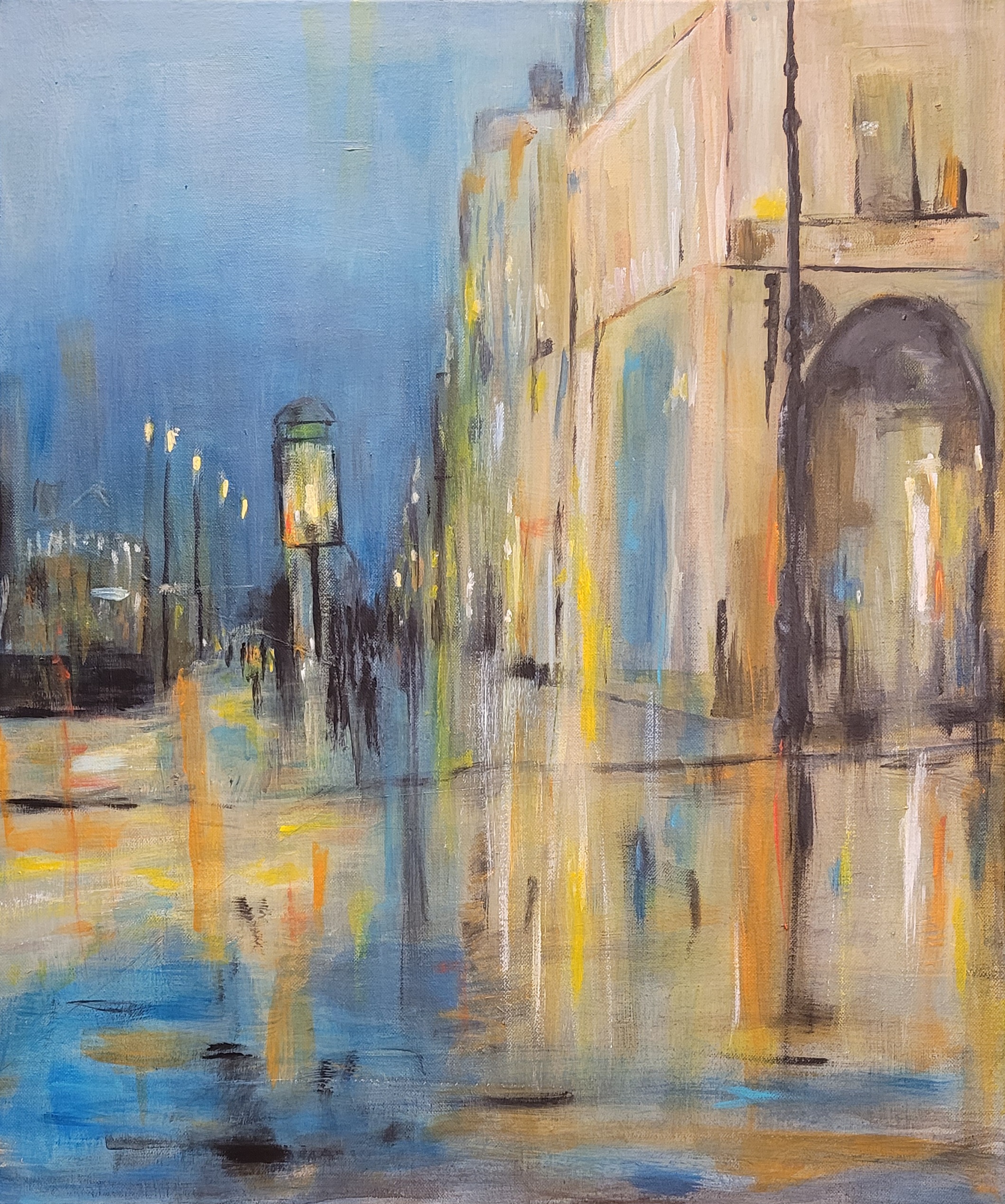 Werk auf einer Leinwand - Stadtansicht in der Dämmerung